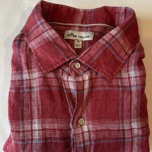 Peter Millar Men's Linen Short Sleeve Button Down Shirt XL‎ Red Plaid